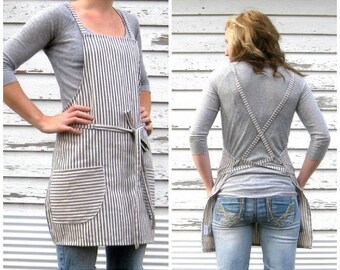 Cross Back Ticking Apron made to order 7-10 business Day Production Time
