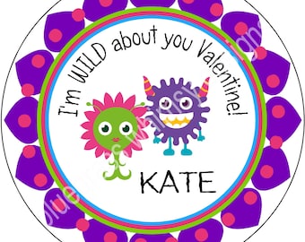 2.5" Round Sticker for Goodie Bag- Valentine Monster, Wild About You
