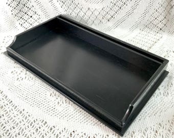 Antique Ebony Wooden Gentleman's Valet Desk Tray - Black Wood Fluted Rim Oblong Shape - Made in England - Circa 1920s Antique