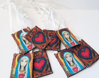 Immaculate Heart of Mary - Set of 4 Scapulars - Handmade - Original Art by FLOR LARIOS