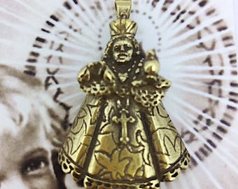 Infant Jesus of Prague Pendant Necklace in Brass