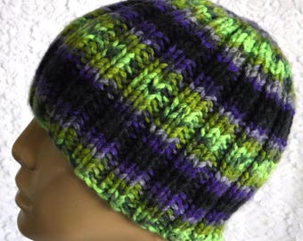 Purple green black beanie hat, skull cap, ribbed beanie, mens womens knit hat, toque, beanie hat, winter hat, striped hat, knit beanie hat