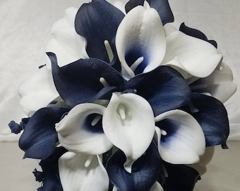 Navy Blue Ivory White Calla Lily Bridal Wedding Bouquet & Boutonniere