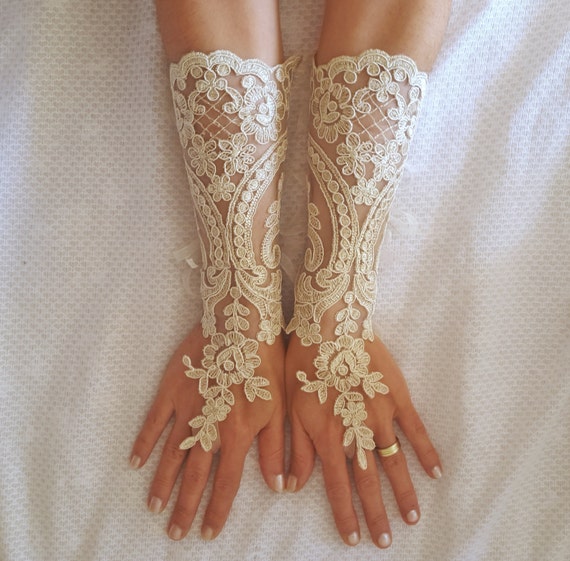 Long ivory or champagne gold Wedding gloves bridal fingerless french lace arm warmers cuff gauntlets fingerloop, Long lace glove