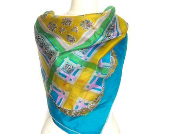 1950s Vintage SILK Scarf / Floral Scarf with Plaid Border / Rolled Hem / Bright Aqua Blue and Yellow Scarf / Neck Scarf / Gift for Her