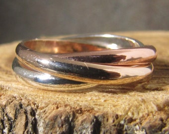 Tri Color Rolling Ring, 14k rose and yellow gold-filled and argentium sterling fidget ring