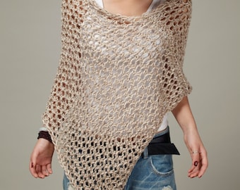 Hand knit Little cotton poncho Wheat sweater top scarf-ready to ship