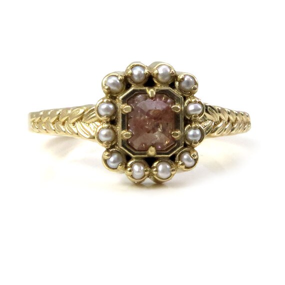 Rustic Emerald Cut Diamond Engagement Ring with Grey Seed Pearl Halo - Rose Cut Diamond Ring