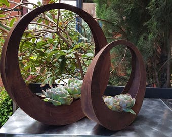 Two bespoke Rusted Metal Garden Sphere Planter Succulents Herbs Plant Pot