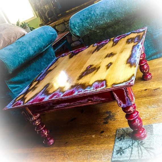 SOLD Farmhouse Red Coffee Table w/ hidden drawer shabby