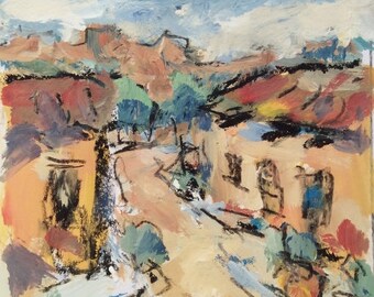 Southwest Art, Western art Painting, Santa Fe, New Mexico, village adobes, art by Russ Potak Artist