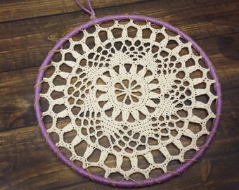 Doily Dream Catcher Starter Ring, 7 inch, Decorate a Dream Catcher, Purple Wrapped Metal Ring with a Crochet Doily