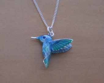 925 Sterling Silver Solid Blue Hummingbird Pendant on 16", 18" or 20" Silver Curb Chain