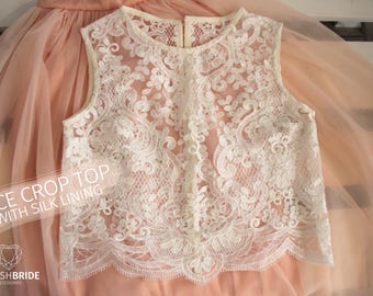 Freesia Lace Crop Top White Lace Crop top Wedding Crop Top Silk Lace Top Tops Sleeveless Tank Camisole Wedding Silk Bridesmaids White Cami