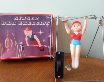 Vintage Wind Up Toy, Single Bar Exercise, Gymnast Toy