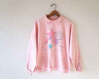 Vintage 90s PAWLEYS ISLAND South Carolina Pink SEASHELL Beach Collared Tourist Pullover Sz L