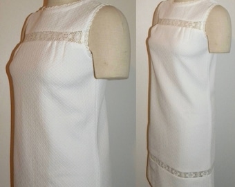 1960s 60s MOD White Carol Brent Polyester Shift Dress / Lace Trim Vintage / S