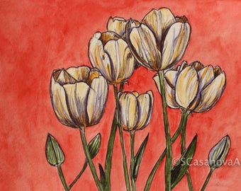 Tulip Flowers on Red - Original Drawing