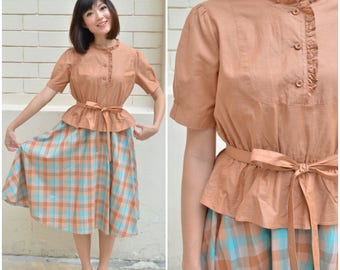 1950 Vintage Dress/ Yolanda Plaid Dress/ Small Dress/ Medium Dress/ Japanese Vintage/ Cotton Dress/ Orange Dress/ Cotton Dress/ Peplum Dress