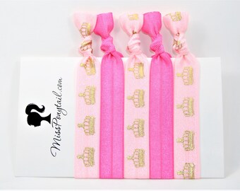 Crown Hair Ties, Princess, Pink, Gold, Elastic Hair Ties, Handmade, Elastic Ribbon, Ponytail Holder, Knotted Hair Ties missponytail