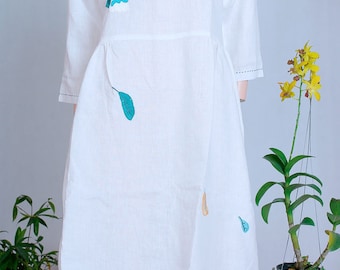 White dress. hand embroidery. Camellia flower hand embroidery. Handmade