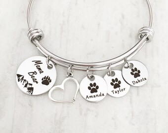 Mama Bear Charm Bracelet Gift For Mom - Mother's Day Jewelry from Kids - Personalize Childrens Name Bracelet with Cub Paw Print