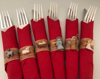 Christmas Flatware with Nativity Scene Napkin Ring, Nativity Napkin Ring, Disposable Christmas Flatware, Holiday Party Tableware