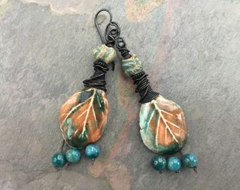 Ceramic Natural Stone Earrings, Teal Apatite Stone Earrings, Ceramic Jewelry, Boho Handmade Artisan Earrings, Unusual Earrings, OOAK