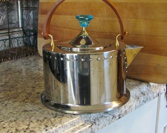 Vintage 80s, Designer Tea Kettle, by Jorgensen, for BODUM, Danish, stainless steel, teak handle, blue finial, rivets brass fittings