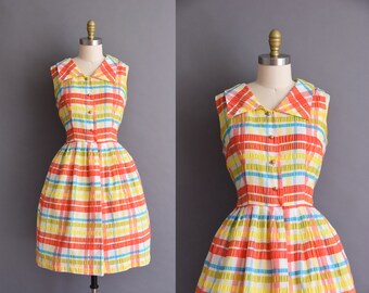ON LAYAWAY...vintage 1960s colorful plaid cotton full skirt sun dress Large vintage 60s plaid cotton sun dresss