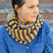 Knit Striped Scarf, SUNGOLD with BUMBLEBERRY Purple ombre color blocks, hand knit, 83" x 7" wool blend, tube scarf warm, Vikings (2281)