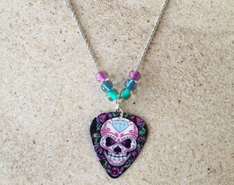 Diamond Deb Sugar Skull guitar pick necklace, super cool funky jewelry, fun accessory, costume jewelry