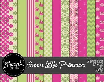 Green Little Princess Digital paper-Green Princess Pequeñ-Green & Fuchsia-Scrapbook-invitations-12 papers