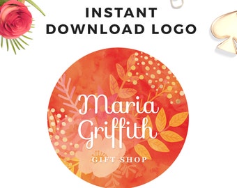 Instant download Watercolor Floral Logo - DIY Premade Logo Design - Flower Gold Logo - Circle Logo - PSD Logo Template - Premade Watermark