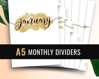 A5 Monthly Planner Dividers • Monthly Planner Insert Printable Tabbed Filofax Monthly Dividers A5 Printable Dividers A5 Monthly Tabs Kikki K