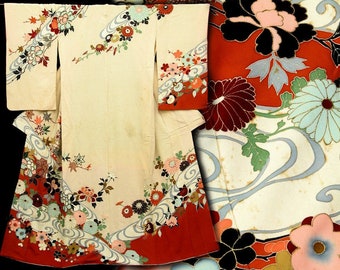 Japanese Kimono Robe / Antique Silk Kimono Furisode / 033102 sd