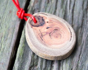 Handmade Unisex Reclaimed Wood Pendant & Adjustable Red Leather Cord Necklace Nature Jewelry OOAK Refashion Eco Boho Salvage Found Rustic
