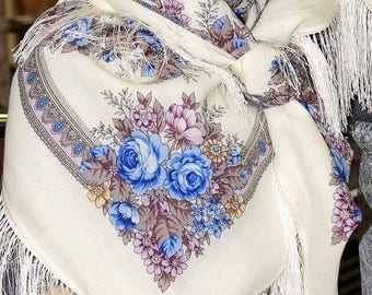 AUTHENTIC PAVLOVO POSAD Shawl 100% Wool Original Russian Scarf Silk Fringe Women's Wrap 146x146 cm Pashmina Headscarf 57x57" Gift 1432-2