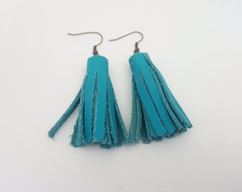 Turquoise Tassel Leather Earrings