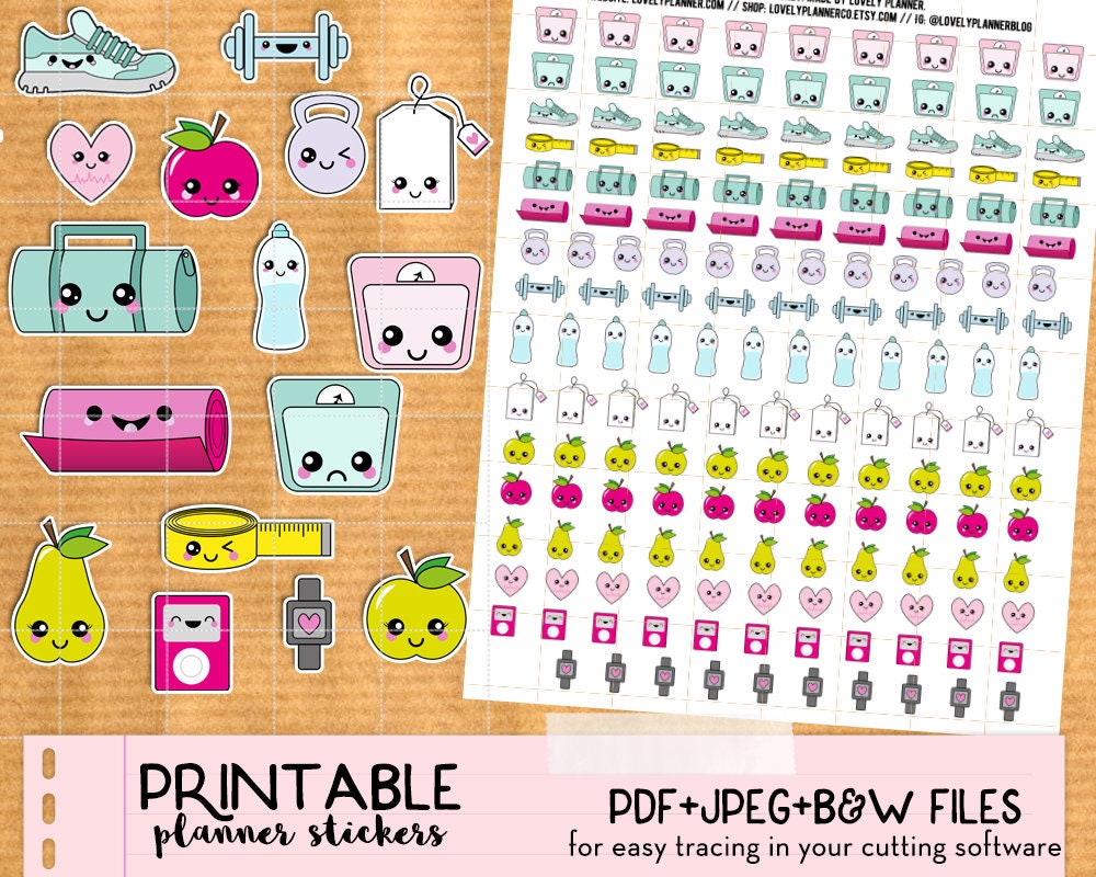 kawaii diet fitness workout scale stickers set printable