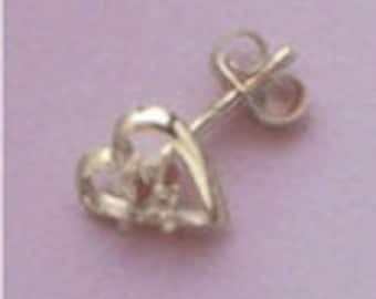 Two (2-3mm) Round Accented Heart Style Sterling Silver Pre-Notched Earring Settings