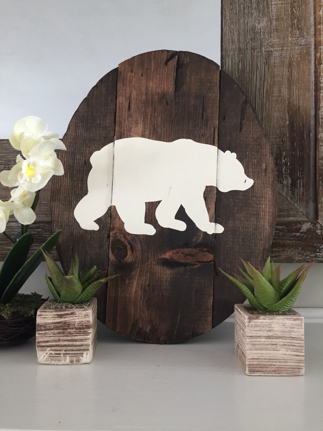 Rustic oval bear wooden wall decor woodland nursery