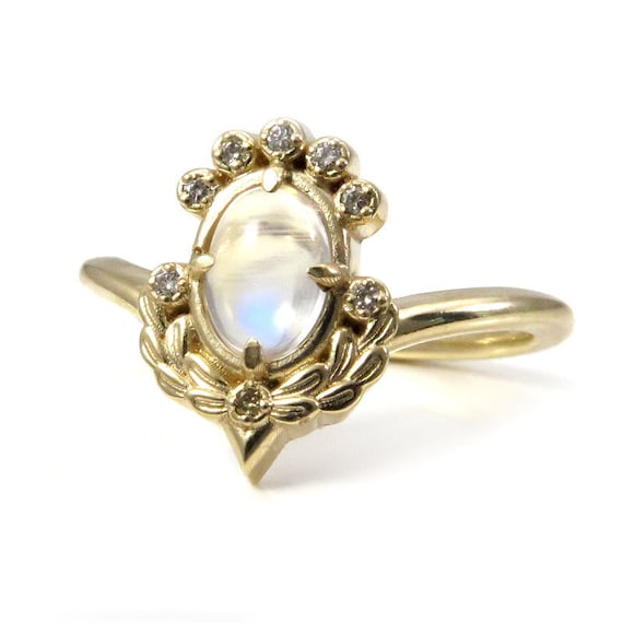 Oval Moonstone Engagement Ring with Sage Leaves and Champagne Diamonds - Limited Edition