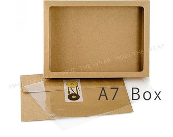 25 - A7 size Kraft Window Box with Clear Poly Window Cover - 5 3/8 x 7/8 x 7 3/8 inches - Fits A7 Cards & Envelopes - Food Safe