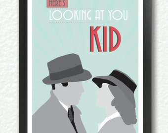 Casablanca,Classic Movie Poster, quote poster, romantic print, "here's looking at you kid", Retro Art Deco, A3 Poster