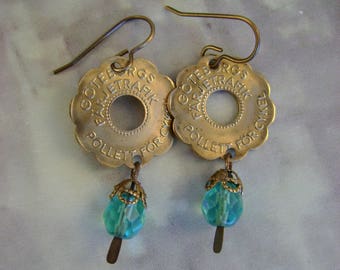 Life Cycles - Vintage Brass Swedish Transit Bicycle Tokens, Turquoise Rosary Beads Recycled Repurposed Jewelry Earrings