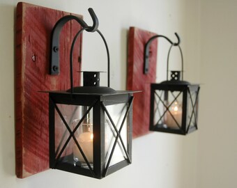 Lantern Pair (2) Wall Decor with wrought iron hooks on recycled wood board for unique home decor, bedroom decor
