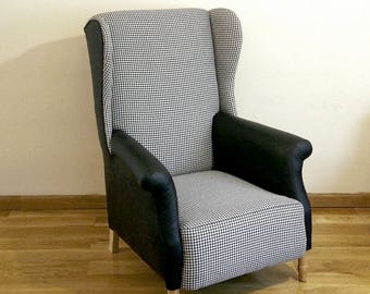 Black and white patterned armchair.