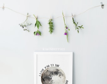 I love you to the moon and back print - Moon illustration - Kids room decor - To the moon and back wall print - Typography prints