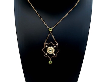 Vintage peridot & seed pearl pendant, antique peridot necklace, victorian yellow gold, peridot and seed pearl pendant, anniversary gift